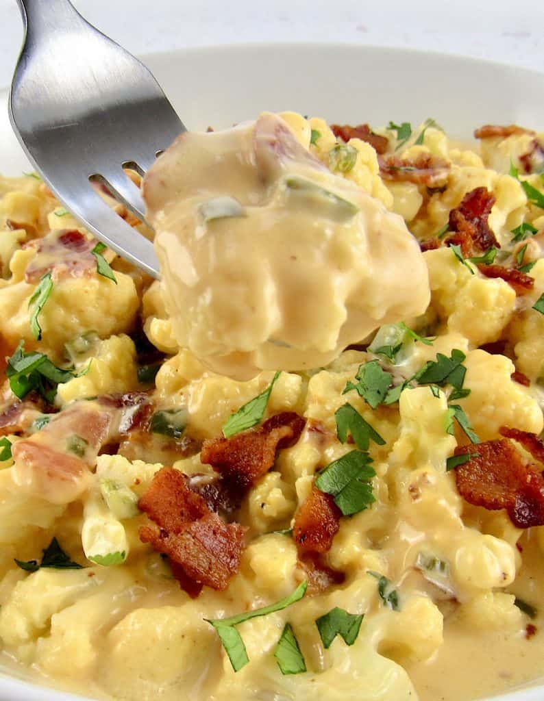 closeup of jalapeno popper cauliflower on fork