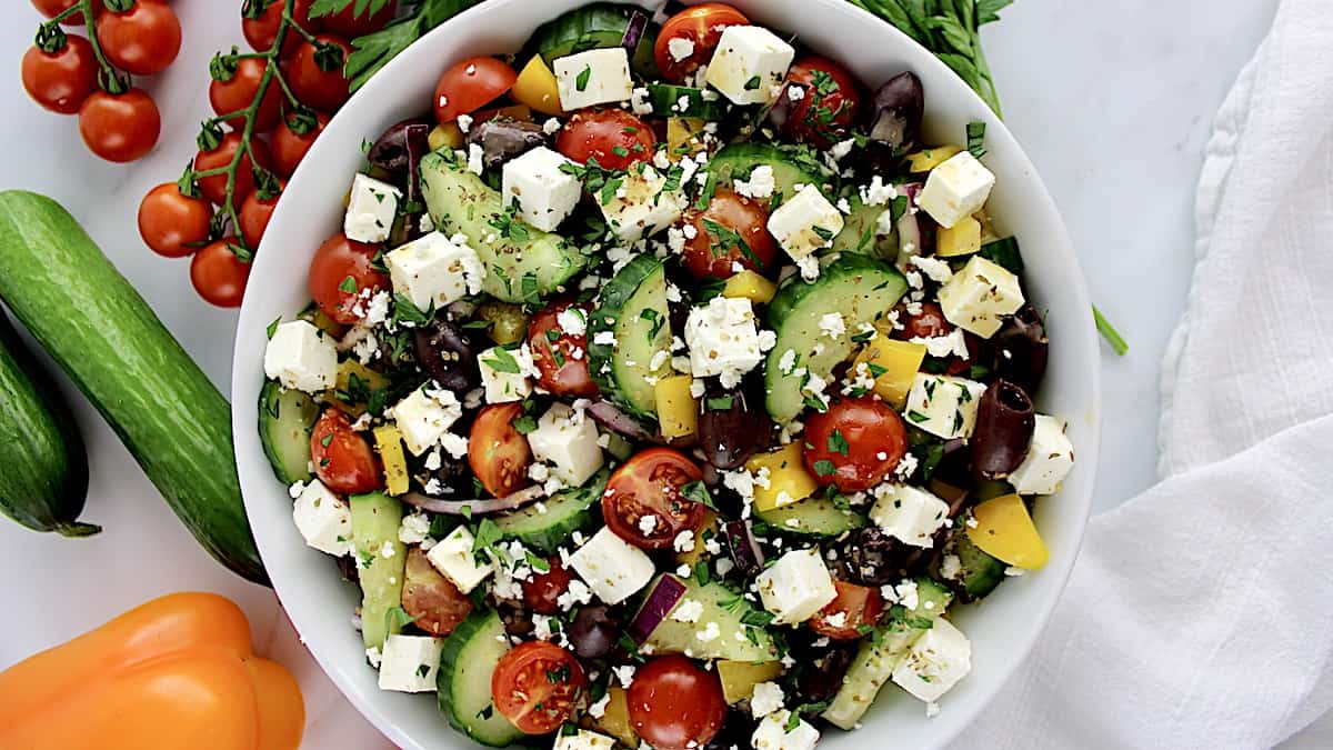 closeup of Keto Greek Salad with crumbled feta cheese